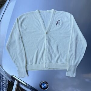 60s 70s True Vintage Knit Ivory Cardigan With Mallord Duck Embroidery Mens L